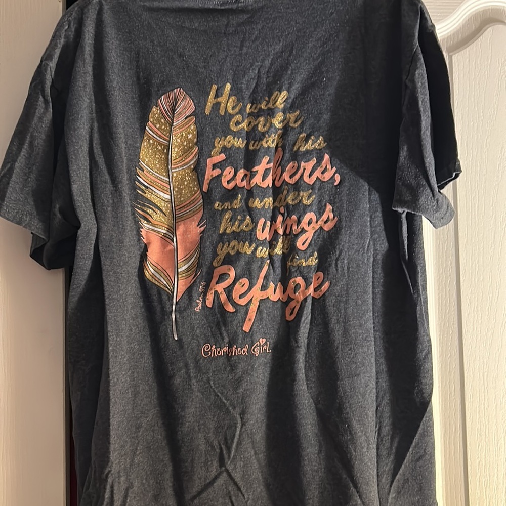 Cherished girl t-shirt with Psalm 91:4 on the back.